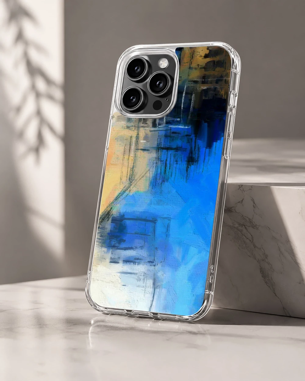 Abstract art phone case for iPhone 16 Pro in blue and white design